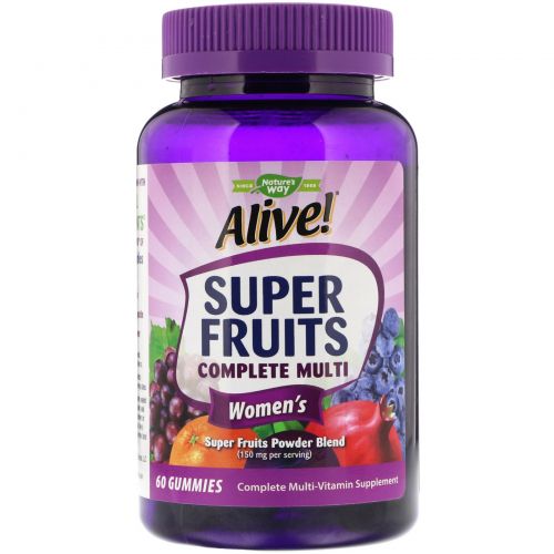 Nature's Way, Alive! Super Fruits Complete Multi, комплекс витаминов для женщин, гранат и ягоды, 60 жевательных таблеток