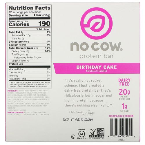 No Cow, Protein Bar, Birthday Cake, 12 Bars, 2.12 oz (60 g) Each