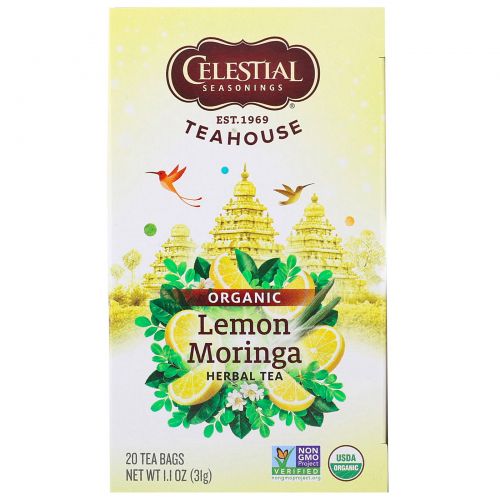 Celestial Seasonings, Teahouse, органический травяной чай, лимон и моринга, 20 чайных пакетиков, 1,1 унции (31 г)