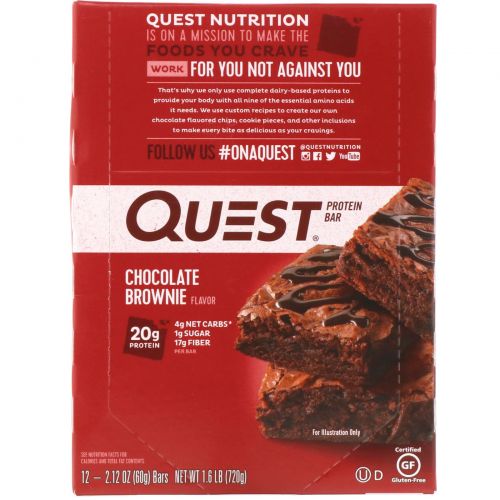 Quest Nutrition, QuestBar, Protein Bar, Chocolate Brownie, 12 Bars, 2.1 oz (60 g) Each