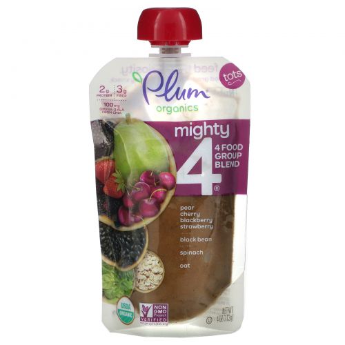 Plum Organics, Might 4, Tots, Nutritious Blend of 4 Food Groups, Cherry, Strawberry, Black Bean, Spinach, Oat, 4 oz (113 g)