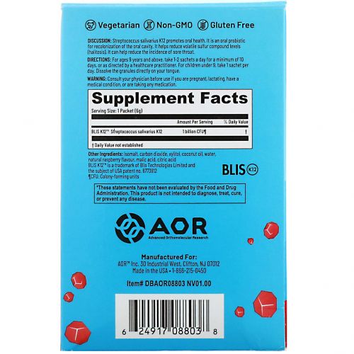 Advanced Orthomolecular Research AOR, Lava Rox, пробиотик для здоровья полости рта, вкус натуральной малины, 24 пакетика по 6 г (0,2 унции) каждый