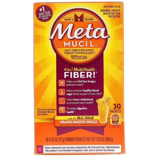 Metamucil, Клетчатка Multi-Health Fiber 4-в-1, приятные апельсиновые отдельные порции, 30 пакетов, по 0,43 унции (12 г) каждый
