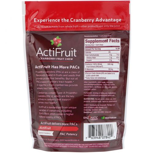 Enzymatic Therapy, ActiFruit, Пищевая добавка на основе клюквы, 20 жевательных конфет