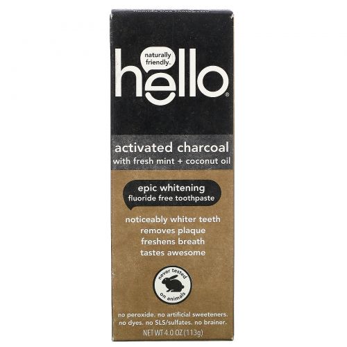 Hello, Fluoride Free Whitening Toothpaste, Activated Charcoal with Fresh Mint + Coconut Oil, 4 oz (113 g)