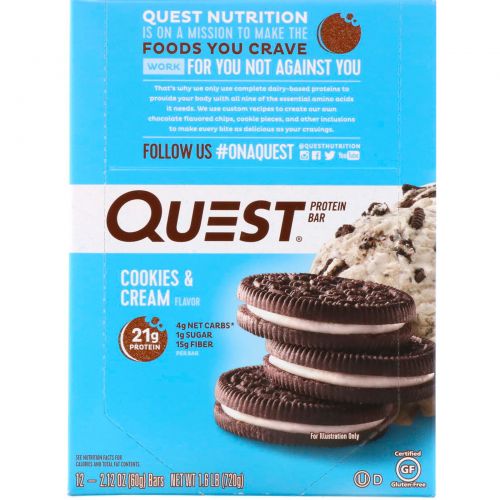 Quest Nutrition, QuestBar, Protein Bar, Cookies & Cream, 12 Bars, 2.1 (60 g) Each