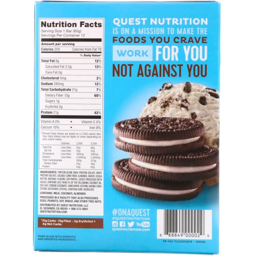 Quest Nutrition, QuestBar, Protein Bar, Cookies & Cream, 12 Bars, 2.1 (60 g) Each