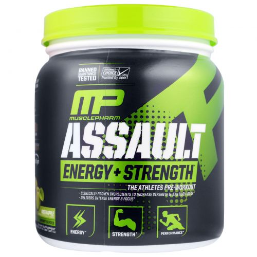 Muscle Pharm, Assault, Энергия + Сила, предтренировочный комплекс, зелёное яблоко, 333 г.