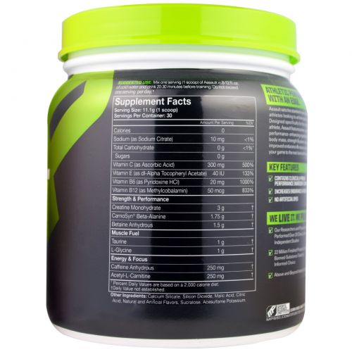 Muscle Pharm, Assault, Энергия + Сила, предтренировочный комплекс, зелёное яблоко, 333 г.