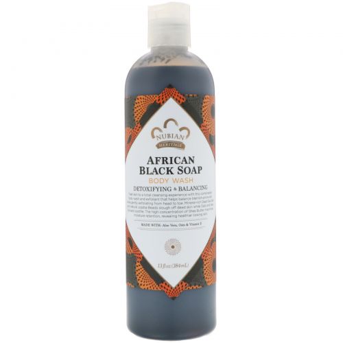 Nubian Heritage, Африканских черное мыло, средство для мытья тела, детоксификация и балансировка, 13 жидких унций (384 мл)