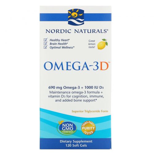 Nordic Naturals, Омега-3D, со вкусом лимона, 1000 мг, 120 желатиновых капсул