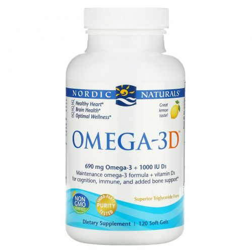 Nordic Naturals, Омега-3D, со вкусом лимона, 1000 мг, 120 желатиновых капсул