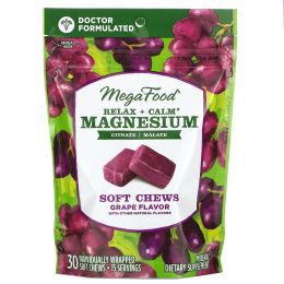 MegaFood, Relax + Calm Magnesium Soft Chews, Grape, 30 Individually Wrapped Soft Chews