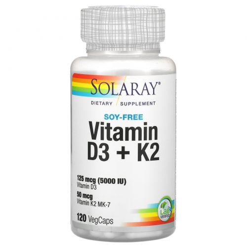 Solaray, Soy-Free Vitamin D-3 + K-2, 120 VegCaps