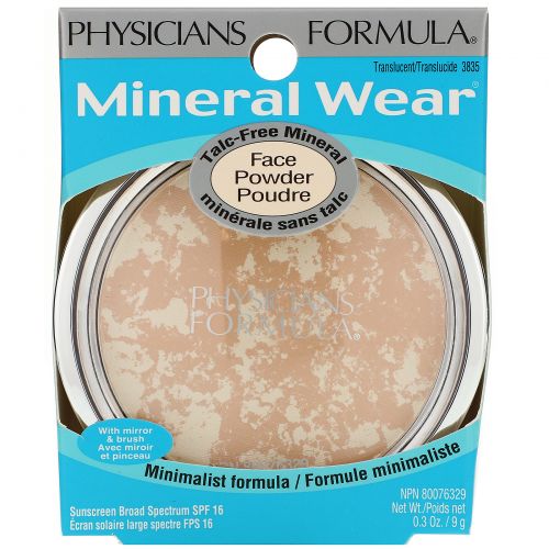 Physician's Formula, Inc., Mineral Wear, Минеральная пудра для лица без талька, SPF 16, полупрозрачный, 0,3 унции (9 г)