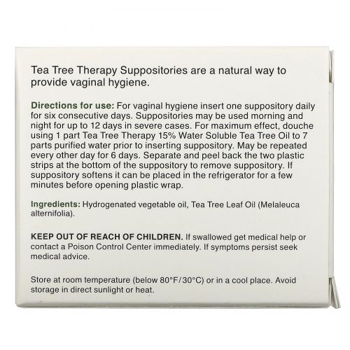 Tea Tree Therapy, Суппозитории, с маслом чайного дерева, для гигиены влагалища 6 Suppositories