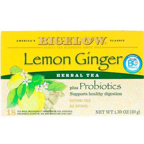 Bigelow, Пробиотики Herb Plus, лимон и имбирь, без кофеина, 18 чайных пакетиков, 1,39 унция (39 г)