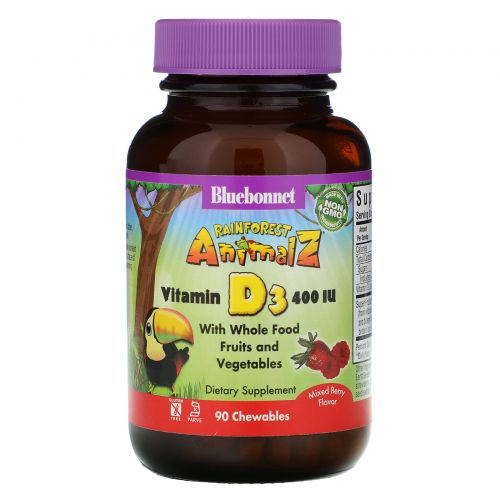 Bluebonnet Nutrition, Super Earth, Rainforest Animalz, Витамин D3, ягодное ассорти, 400 IU, 90 жевательных таблеток