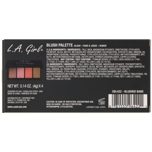 L.A. Girl, Палетка румян Blushed Babe Blush Palette, 4 г (каждый оттенок)