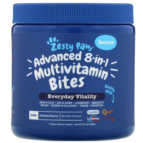 Zesty Paws, Advanced 8 in 1 Multivitamin Bites, мультивитамины 8 в 1 для взрослых собак, со вкусом курицы, 90 мягких жевательных таблеток