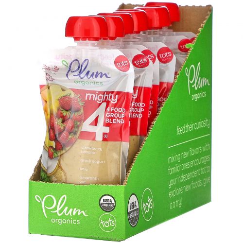 Plum Organics, Mighty 4, 4 Food Group Blend, Tots, Strawberry, Banana, Greek Yogurt, Kale, Amaranth, Oat, 6 Pouches, 4 oz (113 g) Each