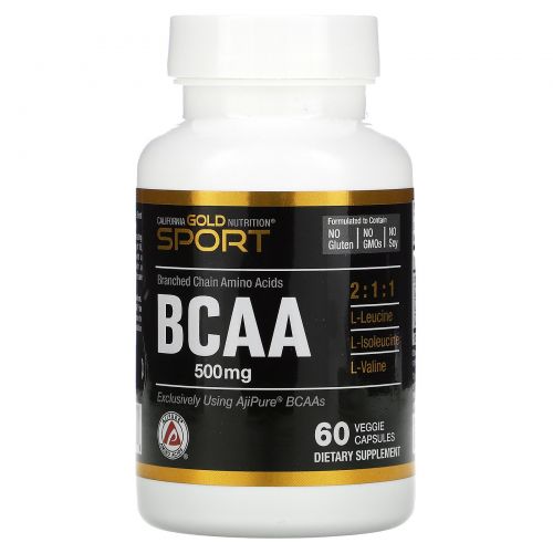 California Gold Nutrition, BCAA, AjiPure, аминокислоты с разветвленной цепью, без глютена, 500 мг, 60 вегетарианских капсул