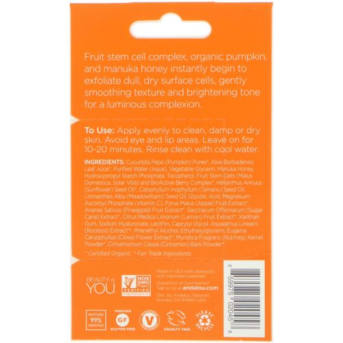 Andalou Naturals, Instant Brightening Face Mask, Pumpkin and Honey, .28 oz (8 g)