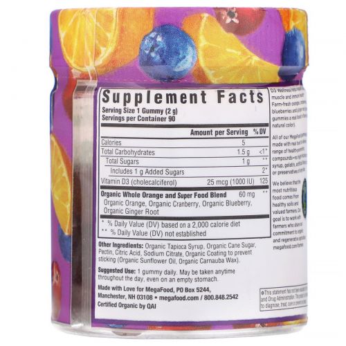 MegaFood, D3 Wellness, 1000 IU, Mixed Fruit, 90 Gummies
