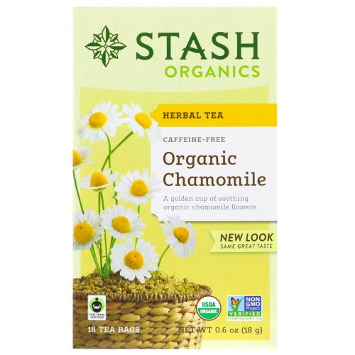 Stash Tea, Органический травяной ромашковый чай, без кофеина, 18 чайных пакетиков, 0,6 унции (18 г)