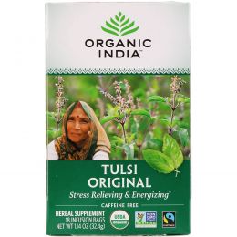 Organic India, Чай Туласи - священный базилик, без кофеина, 18 пакетиков (32.4 г)