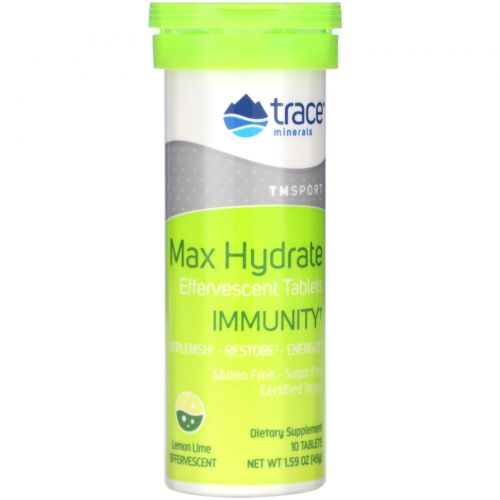 Trace Minerals Research, Max-Hydrate Immunity, High Performance Electrolyte Fizzing Tablets, Lemon Lime, 1.59 oz (45 g)