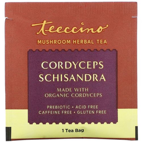 Teeccino, Mushroom Herbal Tea, Cordyceps Schisandra, Cinnamon Berry, Caffeine Free, 10 Tea Bags, 2.12 oz (60 g)