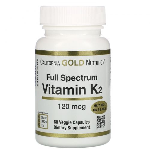 California Gold Nutrition, Витамин K2 (в форме MK-4, MK-6, MK-7, MK-9), 120 мкг, 60 вегетарианских капсул