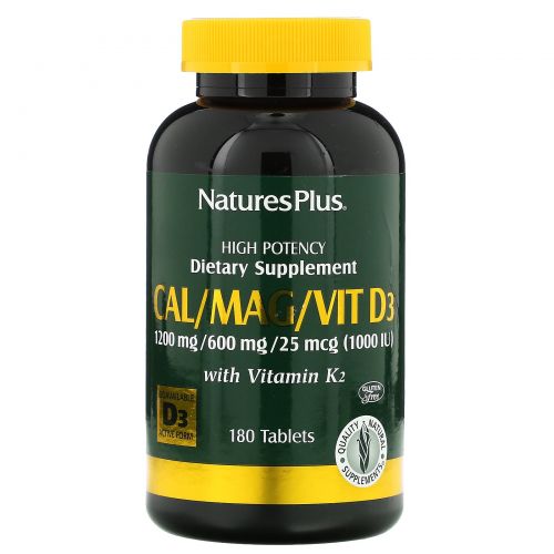 Nature's Plus, Кальций, магний и витамин D3, с витамином K2, 180 таблеток