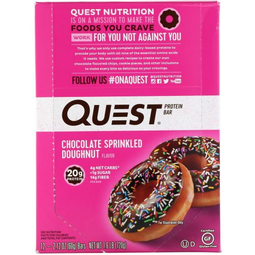 Quest Nutrition, Протеиновый батончик, донат с шоколадной глазурью и посыпкой, 12 батончиков, 60 г каждый