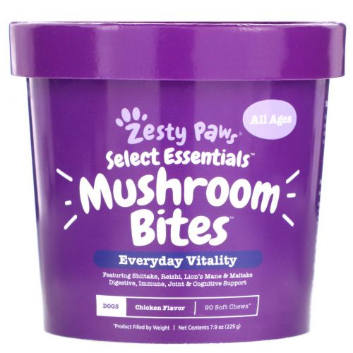 Zesty Paws, Mushroom Bites for Dogs, Everyday Vitality, All Ages, Chicken Flavor, 90 Soft Chews