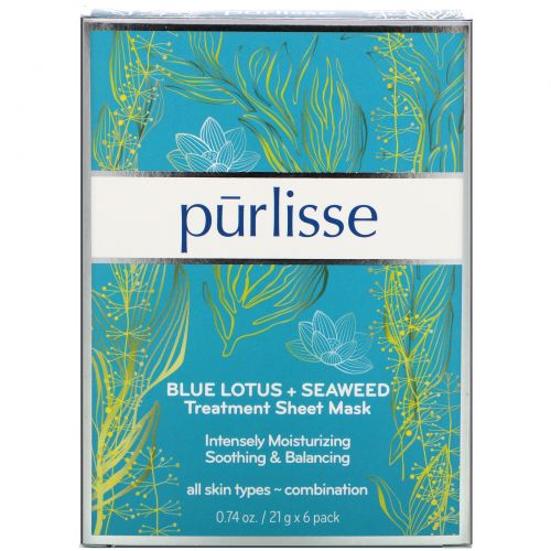 Purlisse, Blue Lotus + Seaweed, Treatment Sheet Mask, 6 Masks, 0.74 oz (21 g) Each