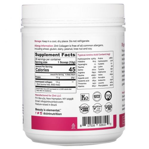 Z!NT, Grass-Fed Beef Collagen, Hydrolyzed Collagen Types 1 & III, 16 oz (454 g)