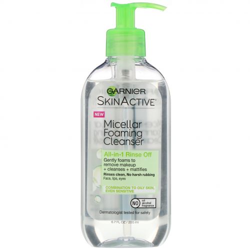 Garnier, SkinActive, мицеллярная очищающая пенка, «все в 1», легко смывающаяся, для комбинированной и жирной кожи, 200 мл