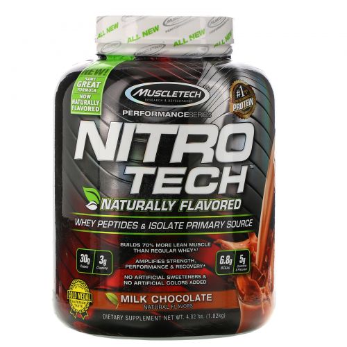 Muscletech, Nitro Tech, Naturally Flavored Whey Peptides & Isolate Primary Source, Milk Chocolate, 4.02 lbs (1.82 kg)