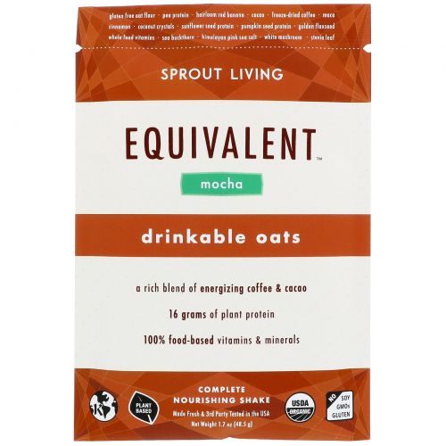 Sprout Living, Equivalent, Питьевые овсяные хлопья, Мокко, 8 пакетов, 1,7 унции (48,5 г) каждый