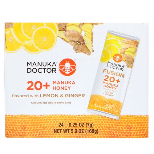 Manuka Doctor, Лесной мёд манука Fusion 20+, ароматизированный лимоном и имбирем, 24 порционных пакетов, 0,25 унц. (7 г) каждый