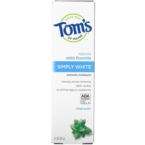 Tom's of Maine, Simply White, зубная паста со фтором, чистая мята, 4,7 унции (133 г)