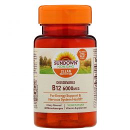 Sundown Naturals, B12, максимальная эффективность, натуральный вишневый вкус, 6000 мкг, 60 мини-леденцов