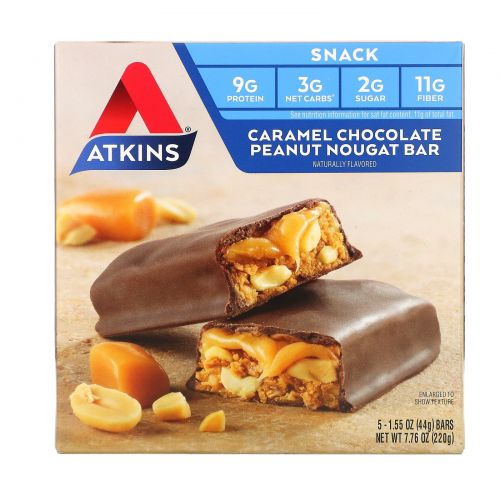 Atkins, Advantage, Батончик с карамелью, шоколадом, арахисом и нугой, 5 батончиков по 44 г