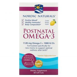 Nordic Naturals, Postnatal Omega-3, Lemon, 650 mg, 60 Soft Gels