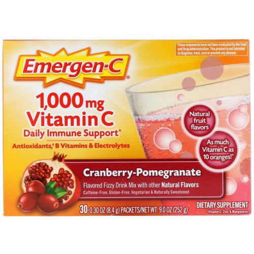 Emergen-C, 1000 мг витамина С  со вкусом клюквы и граната, 30 пакетов по 8,3 г каждый