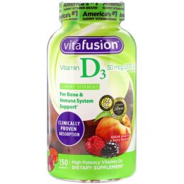 VitaFusion, Витамин D3 для поддержания иммунитета и здоровья костей, с натуральным вкусом персика, ежевики и клубники, 2000 МЕ, 150 жевательных таблеток
