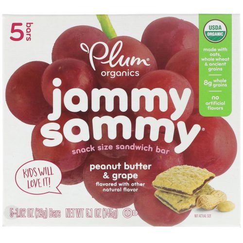 Plum Organics, Kids, органические батончики Jammy Sammy, виноградное желе и арахисовое масло, 5 батончиков, 1,03 унции (29 г) каждый