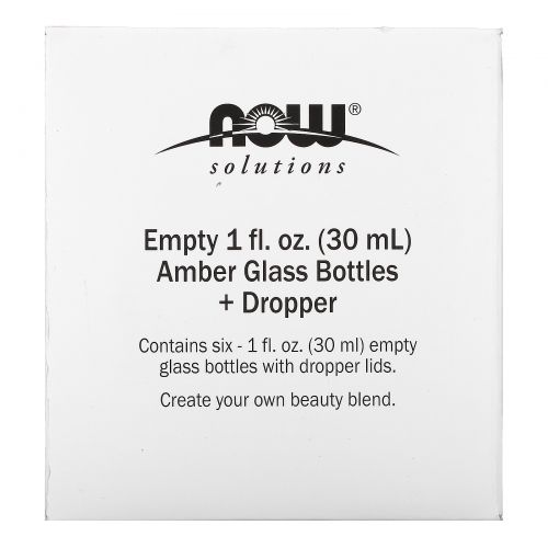 Now Foods, Empty 1 fl oz Amber Glass Bottles + Dropper, 6 Packs